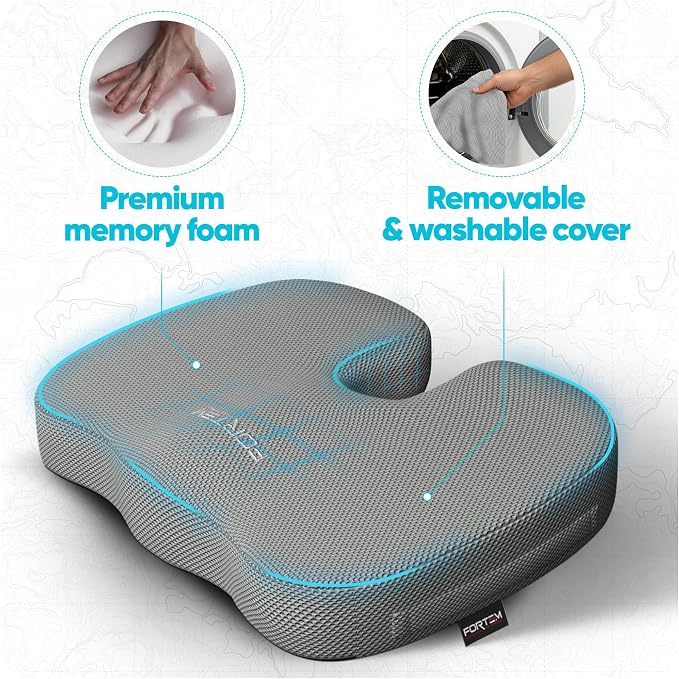 FORTEM Seat Cushion, Office Chair Cushion, Memory Foam Car Seat Cushions, Sciatica Coccyx Tailbone Pain Relief, Chair Cushions for Back Support, Sitting Pad for Gaming, Washable Cover, Non Slip, XL