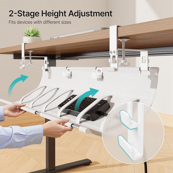 PEGZONE No Drill Under Desk Cable Management Tray, 31.5" Fabric Organizer | Clamp/Screw Premium Mount Cord Holder, for Power Strips, Adapters, with 2 Hooks & 1 Tie Roll for Home Office Gaming, White