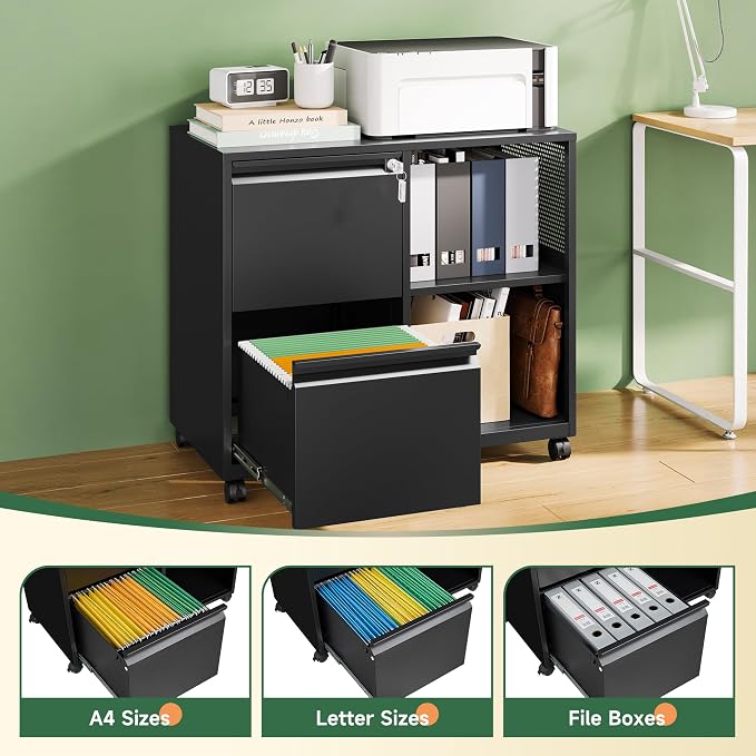 Mobile File Cabinet, Metal Lateral Rolling Printer Stand Filing Cabinets with Shelves for Home Office-Storage A4/F4 (Black)