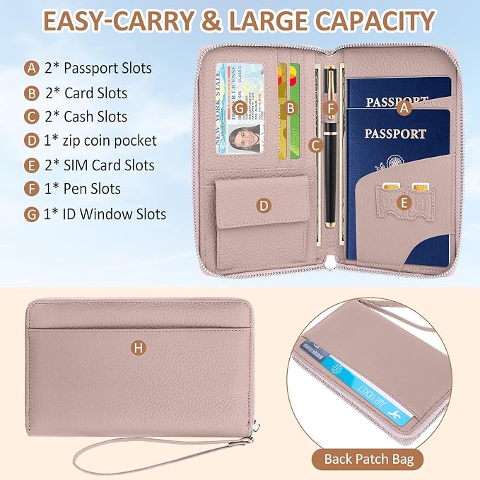 RFID Passport Holder for Travel Family with Coin Pocket, Pink | Leather Passport Cover for 2, Travel Document Organizer with Wrist Strap & 24 Card Slots, for Women Men