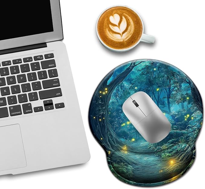 LIMKRIAN Firefly Forest Ergonomic Mouse Pad with Wrist Rest, 9.8 x 8.6in | Comfort Gel Wrist Support Pain Relief, Non-Slip PU Base, Smooth Surface, Mousepad for Computer Office Desk Accessories Decor
