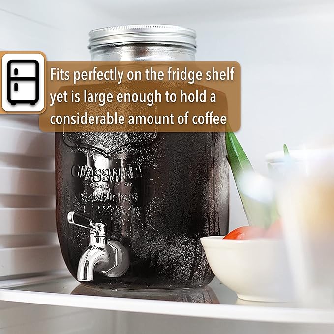 BTaT- 1 Gallon Cold Brew Coffee Maker, Thick Glass Pitcher | Stainless Steel Filter, Lid & Spigot Iced Coffee Sun Tea Brewer Mason Jar Cold Brew Container Fast Iced Tea Maker for Fridge