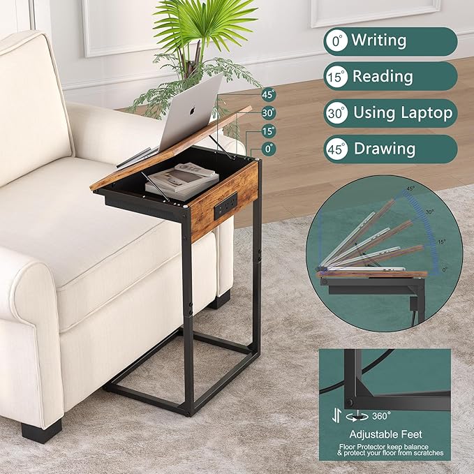 sthmec C Shaped End Table with Charging Station,45° Tiltable Adjustable Flip Top Side Table Set of 2,Small C Table Set 2 for Small Spaces,Slide Under Couch Sofa Bedside Table Living Room,Rustic Brown