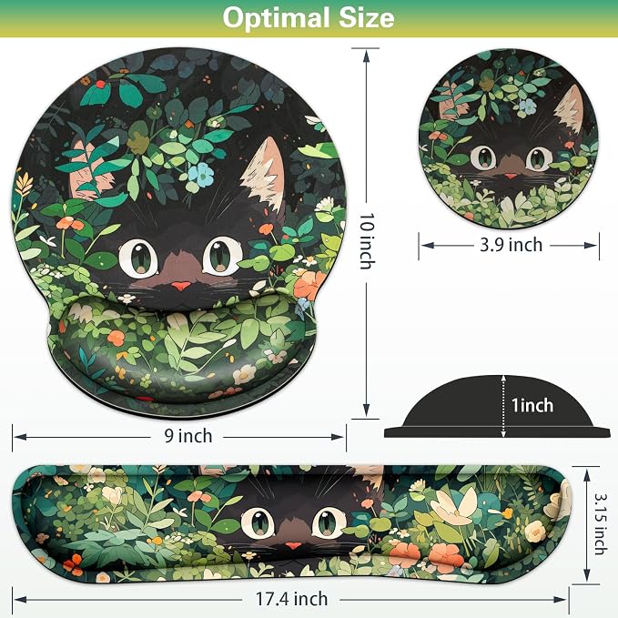 Ergonomic Keyboard Wrist Rest, Mouse Pad with Wrist Rest Anime | Cat Gaming Mousepad with Wrist Support, Memory Foam Wrist Rest Set for Computer Keyboard, Funny Cute Office Desk Accessories