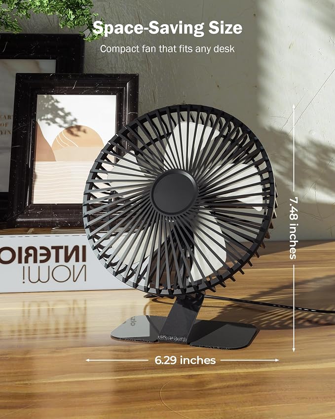 SLENPET 6-inch USB Small Desk Fan, 4 Speeds, Powerful Desktop Table Fan | Ultra-quiet, 90° Adjustment for Better Cooling, Portable Mini Personal Fan for Home Office, Metal Base, Black