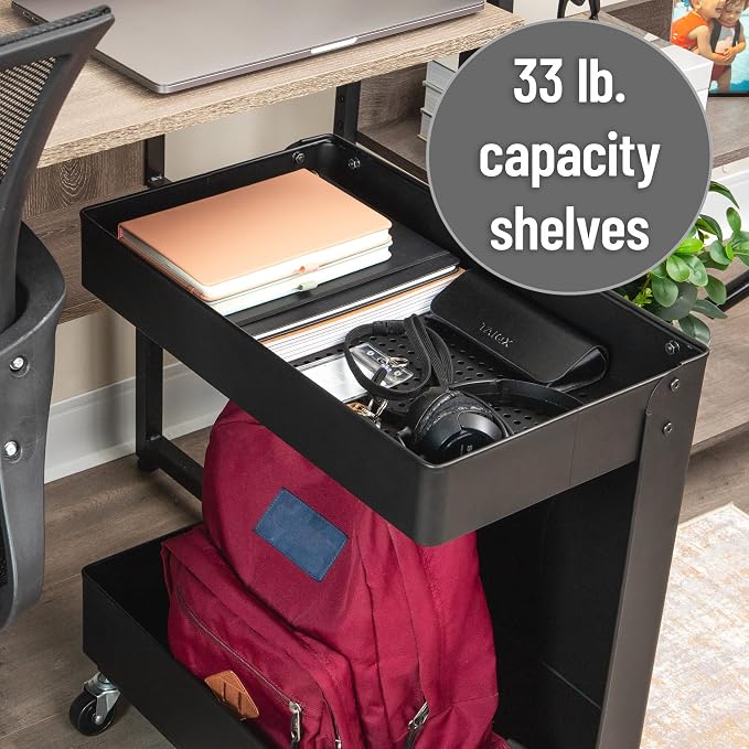 Mind Reader Under Desk Rolling Cart, 2-Tier Steel Utility Organizer, No Assembly Required, 12" L x 20" W x 23.5" H, Black