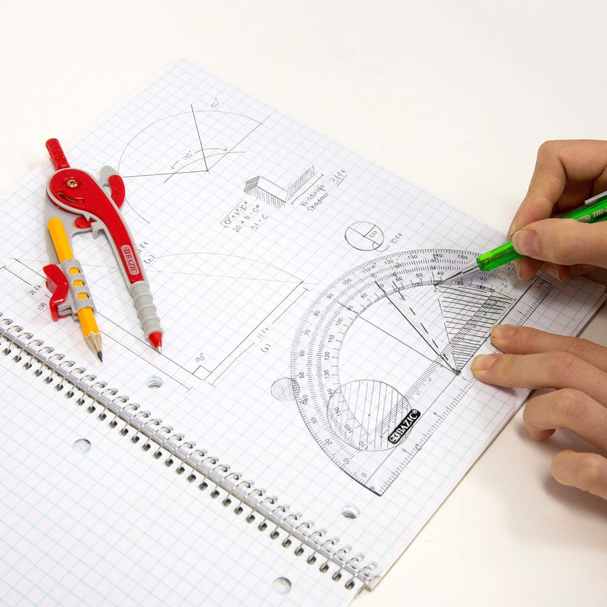 BAZIC Geometry Math Compass Set w/Scale-Arm, 6" Protractor, & HB Wood Pencil, Inch Centimeter, Mathematical Drafting Drawing Tool for Student, 4-Pack