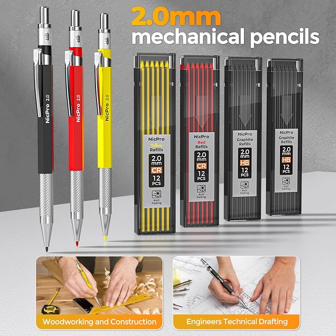 Nicpro 39 Pack Carpenter Pencil Set with Sharpener, Canvas Case | 102 Refill,Carpenter Pencil Set with 6 Deep Hole Long Nib Marker Pen, Scribe Tool, Construction Pencils for Architect Marking