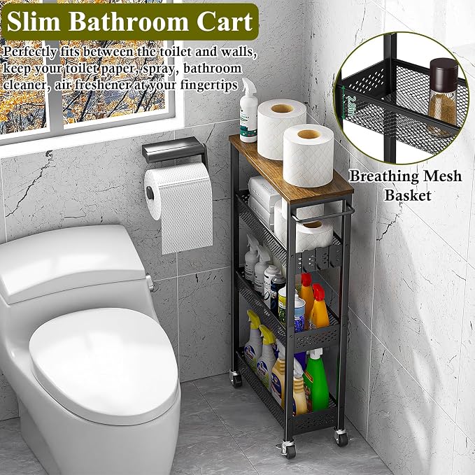 OKZEST 4-Tier Slim Rolling Storage Cart for Kitchen, Laundry Room, Bathroom | Upgraded metal hub casters, Narrow utility cart for small space/gaps, Premium wood top & metal mesh shelf, with handle & hook