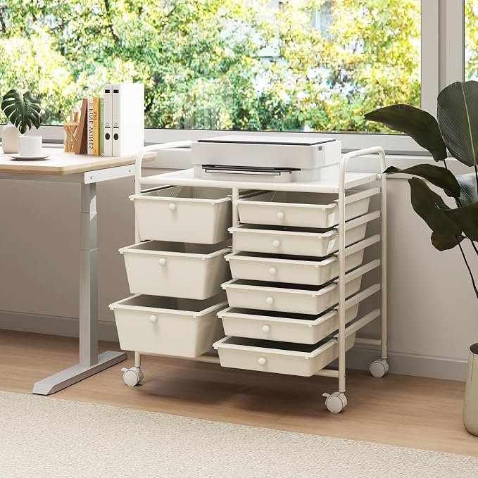 9 Drawer Rolling Storage Cart, Rolling Cart with Drawers for Classroom, Art Supply Craft Organizer on Wheel with Metal Frame & Handles for Home Office School