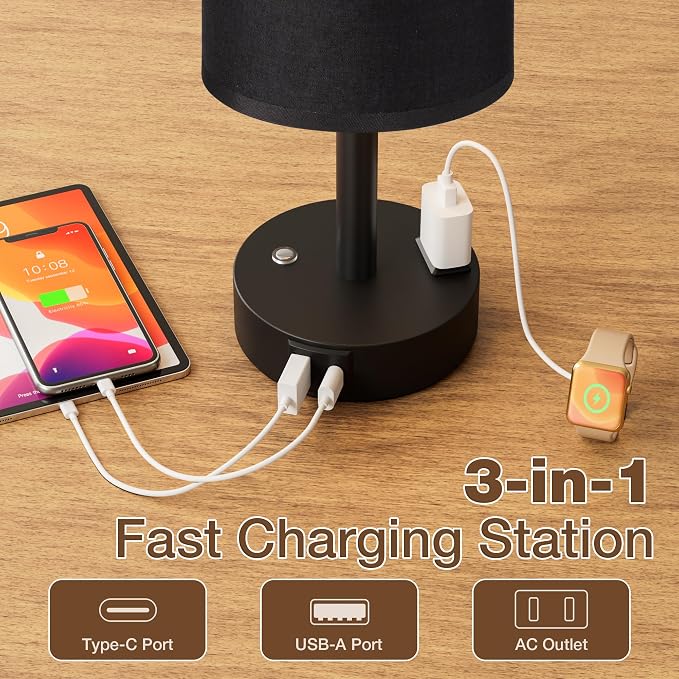 Black Touch Bedside Lamp for Bedroom, Stepless Dimmable, USB A+C, AC Outlet | Base Touch Button Only, Memory Brightness, Ultra-dim Night Light, Included Bulb for Optimal Dimming, Black Fabric Shade, Desk