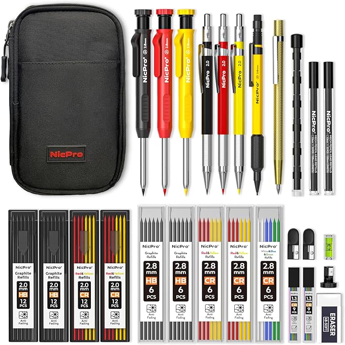 Nicpro 28 Pack Carpenter Pencil Set with Sharpener, Canvas Case | Mechanical Carpenter Pencils + 127PCS Refill, Carbide Scribe Tool, Heavy Duty Construction Pencils for Architect Woodworking