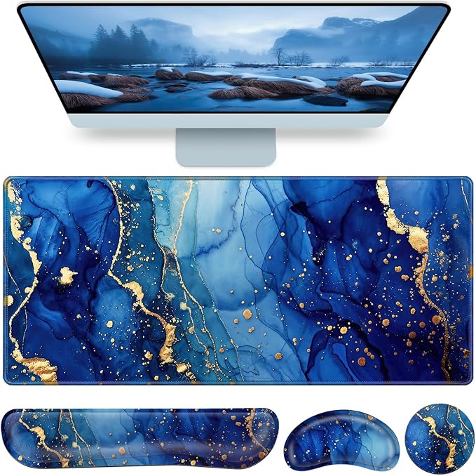 Desk Mat Blue, Large Gaming Mouse Pad with Wrist Rest, 4in1 XXL | Mousepad+Keyboard Wrist Rest+Mouse Pad Wrist Support+Cup Coaster Set Ergonomic Computer Desk Arm Wrist for Decor Office Women