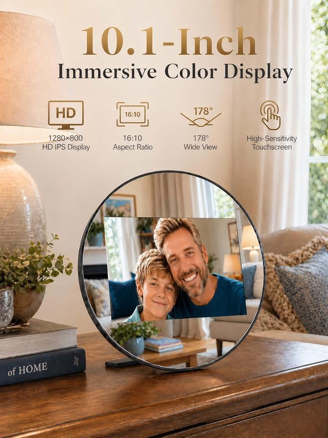 Frameo Digital Picture Frame WiFi Calendar 10.1" Mirror 3-in-1 Touchscreen Photo Frame, Auto-Synced Calendar, Share Photos & Videos via App, 32GB Wall/Tabletop for Parents Grandparents Home Gifts