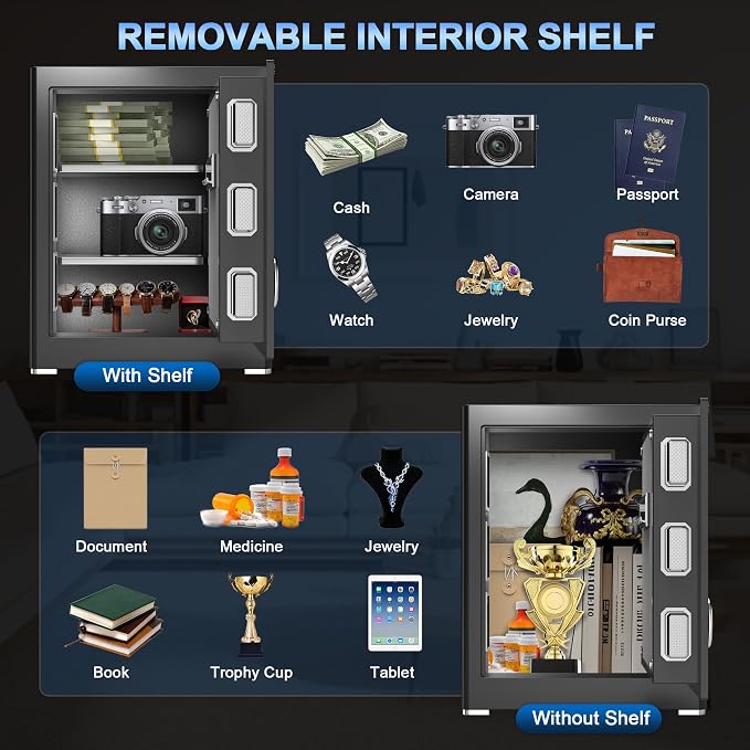 Safe Box, Money Safe with Fireproof Waterproof Bag, Medium Size Safes with Digital Keypad, Dual Alarm System, Removable Shelf for Valuables & Cash (Upgrade 2.0 CUFT Digital