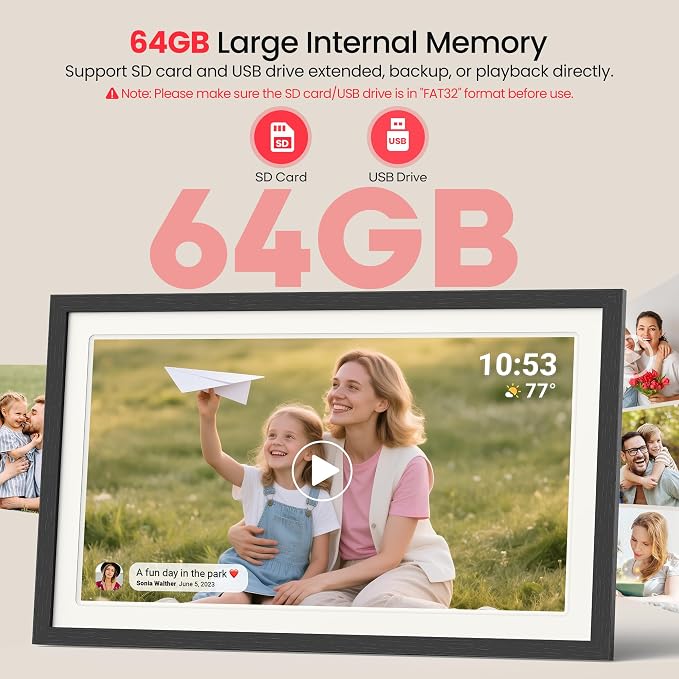 64GB Frameo 21.5" Digital Picture Frame Large 1920 x 1080 IPS FHD Touch Screen WiFi Electronic Photo Frames Share Moments from Phone Instantly Best Gifts for Parents and Grandparents Black Wood White