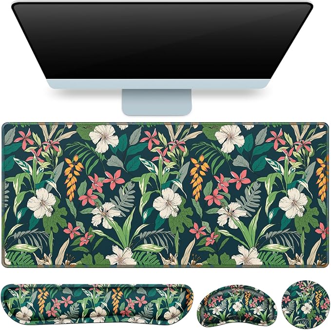 Desk Mat Floral, Large Gaming Mouse Pad with Wrist Rest, 4in1 XXL | Mousepad+Keyboard Wrist Rest+Mouse Pad Wrist Support+Cup Coaster Set Ergonomic Computer Desk Arm Wrist for Decor Office Women
