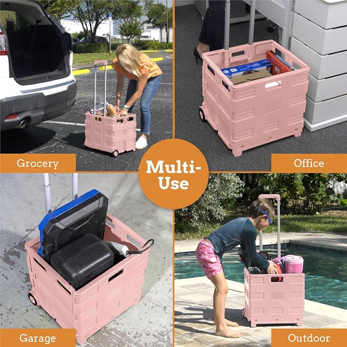 Ultra-Slim Rolling Collapsible Storage Pack-N-Roll Utility-carts, with Telescopic Handle, for Home, Garden, Shopping, Office, School use, Medium, Raspberry Pink