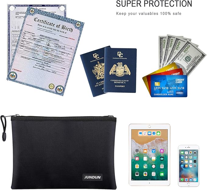 Fireproof Document Bags,14.2”x 10.0”Waterproof Fireproof | ： Money Bag with Aluminum Foil Lining,Fireproof Safe Storage Pouch with Zipper for Document and Cash，Black