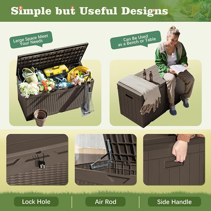 Flamaker Outdoor Storage Box 100 Gallon Waterproof Resin Deck Box Delivery with Air Rod Indoor Outdoor Lockable Storage Bench for Patio Cushions, Tools, Pool Accessories (Deep Brown)