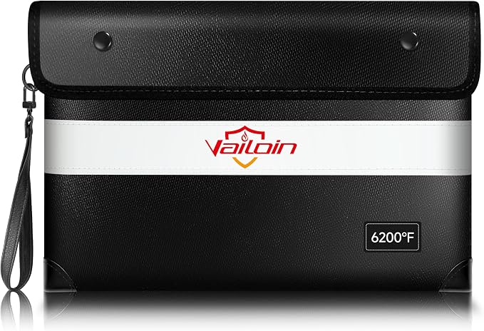 Vailoin 6200°F Fireproof Money Bag, 8 Layers of Heat Insulated Materials | Double-sided Reflective Strip, Waterproof Zipper,Certified to SGS UL94 V-1, for Tablet, Cash, A5-sized documents（Black）
