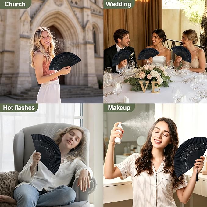 EOSAU Bamboo Hand Fan Foldable 8.3 Inch, Portable Folding Fan with Pouch for Church Wedding Makeup, Small Decorative Cooling Fan for Women (Black/Hollow)