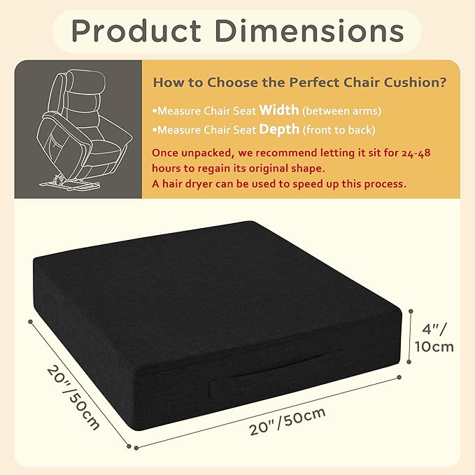 Recliner Cushions for Elderly 20x20x4 Inch Thick Large Recliner Seat Cushion with a Handle Square Non Slip Chair Pads with Washable Cover for Couch Armchair Chairs Black