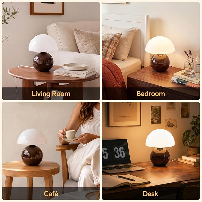 Mushroom Lamp Table Lamp for Bedroom-Small Desk Table Lamps,Coffee | 8.7" Mid Century Modern Table Lamps for Living Room Bedroom Decor,Cute Ceramic Lamps for Mushroom Home Room Decor,Glass Shade