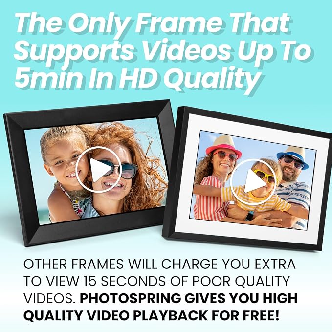 PhotoSpring No Subscription, 10in WiFi Digital Picture Frame, Email App Web, USA Company, 32gb Touch Screen, Play Videos up to 5min