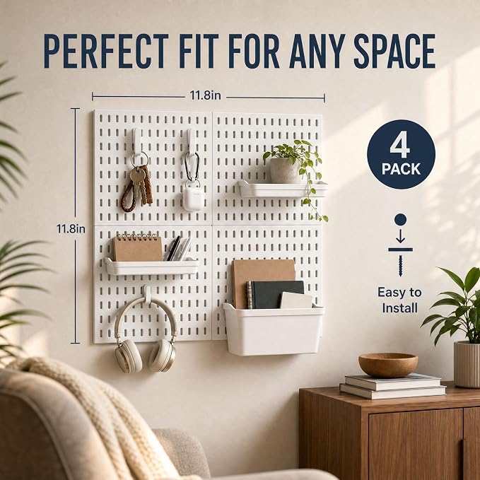 AKTOP Plastic Peg Board Wall Organizer 4-Pack, 12"x12" Pegboard Kit, White | Includes 13 Accessories, Adhesive or Drill Mounting, Superior Load Capacity, Ideal for Office, Gaming Room, Craft Room