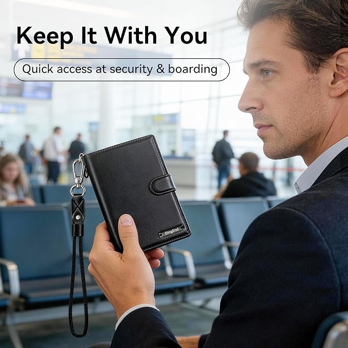 Trackable Passport Holder for Travel, RFID Blocking Wallet, Black | Rechargeable PU leather cover works with Apple Find My and is Apple MFi certified; it includes card storage and a lanyard.