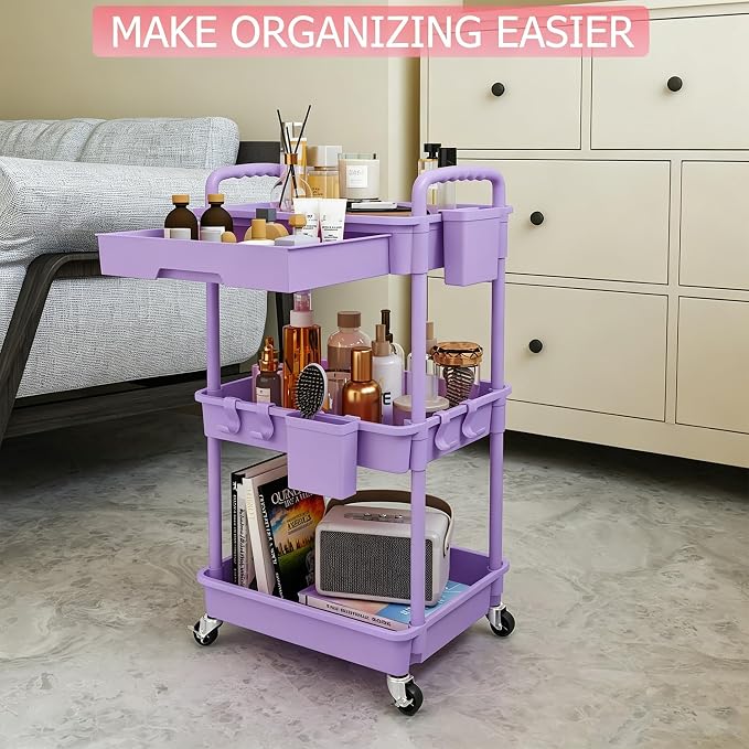 REBECAT 3 Tier Rolling Cart with Drawer, Utility Storage Cart on Wheels for Kitchen, Bathroom, Living Room,Office(Purple)