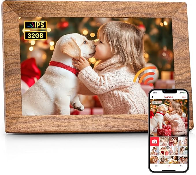 Frameo 10.1" Digital Picture Frame, Smart WiFi Digital Photo Frame with 1280x800 HD IPS Touch Screen 32GB Memory Auto-Rotate Wall Mounted, Share Photos/Videos from Phone Anywhere - Brown