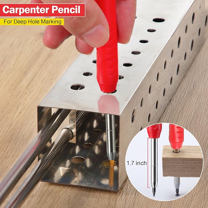 Hiboom Mechanical Carpenter Pencil with 7 Leads, Deep Hole Marker, Red | Built-In Sharpener, Long Nose Construction Pencil, Pocket Clip Design, Woodworking Tools, Marks on Various Surfaces