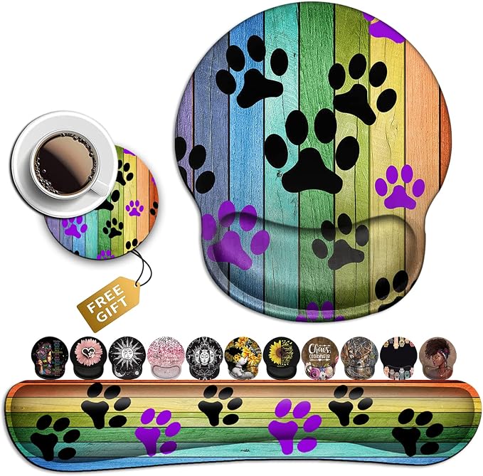 Mouse Pad with Wrist Support Memory Foam Keyboard Wrist Rest Gaming Mousepad Office Easy Typing Games to Relieve Fatigue Non-Slip Rustic Rainbow Woodgrain Black and Purple Dog Paw Personality Desings
