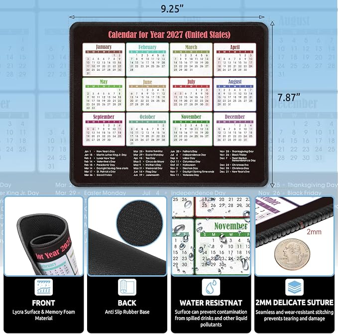 KONVINIT Ergonomic Mouse Pad with Wrist Rest, Black Mousepad with Non-Slip Rubber Base and Smooth Surface, Small Mouse Pads for Desk, Office Desk Accessories (2027 Calendar)