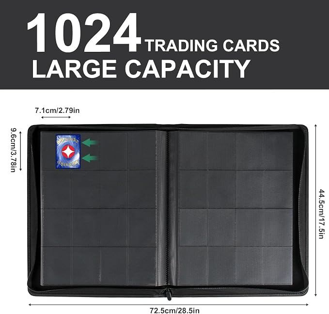 GEAoffice 16 Pocket Trading Card Binder for 1000+ Cards, Ringless Side-Loading 4x4 Card Binder with Zipper Closure, PU Leather 1024 Card Binder for MTG/TCG/Baseball/Sports&Game Cards, Carbon Black