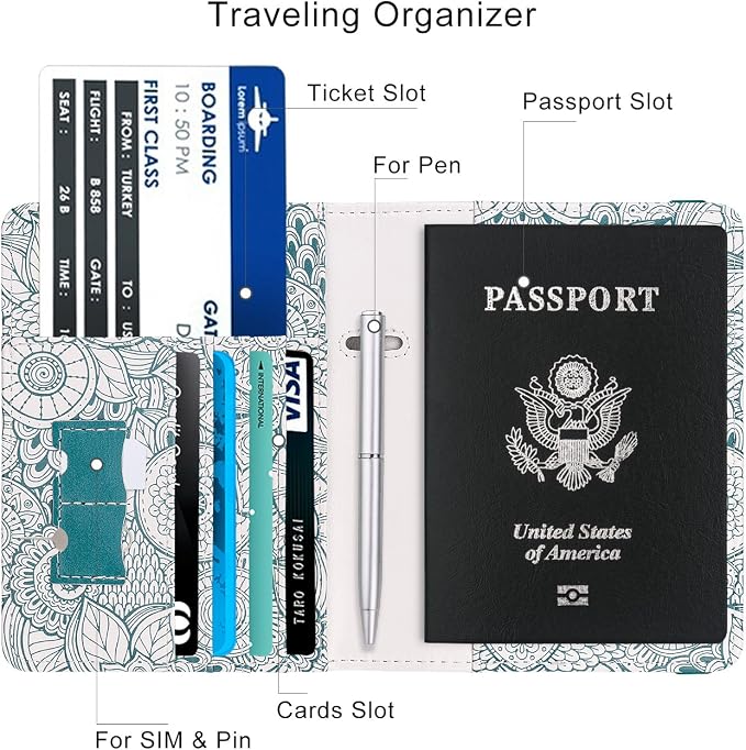 WALNEW Passport Holder for Travel, RFID Passport Wallet, Travel Essentials | PU Leather Passport Cover Case with Pen Holder, Travel Must Haves Accessories, Passport Book Holder for Women Men
