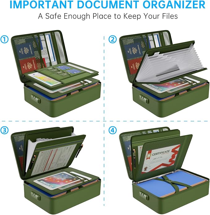 ENGPOW Fireproof Document Organizer Bag with Lock ＆ Accordion File Folder | 5200℉ Multi-Layer File Organizer Box with Lock ,Heat Insulated, Water Resistant, Safe Storage for Home Office Travel,Green