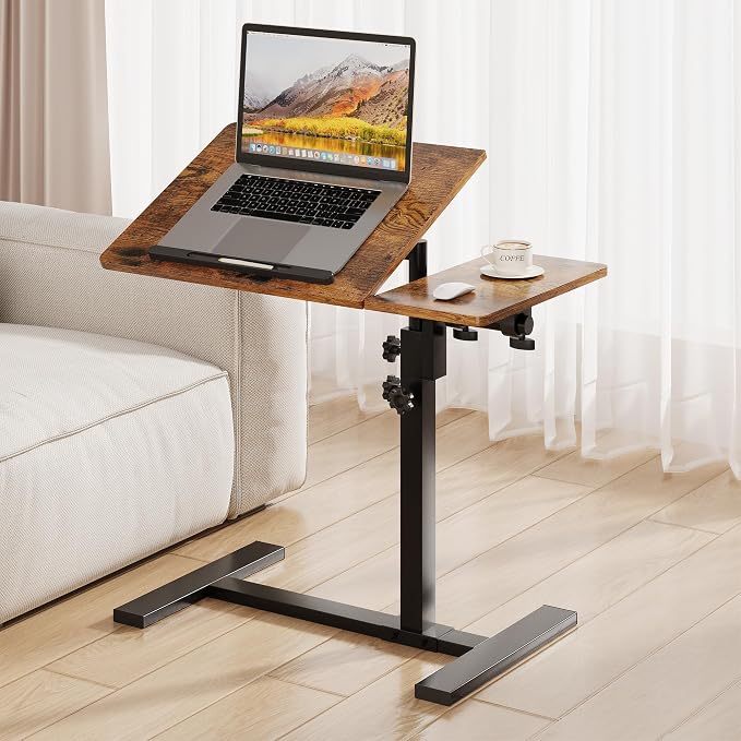 Overbed Table with Wheels Rolling, Adjustable Mobile Bedside Desk | Flip-Top, Laptop Table, C Shaped End Side Table for Couch, Sofa, Bed, Recliner and Home Use, Large Brown