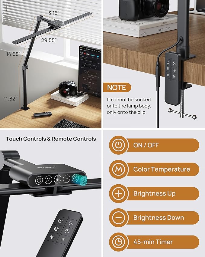 TROND LED Desk Lamp with Clamp, 29.55'' Tall Desk Light with Remote, Black | 1500LM Bright Table Lamp, Swing Arm Clip on Light, Eye-Caring, Touch Control Dimmable for Home Office Monitor Reading