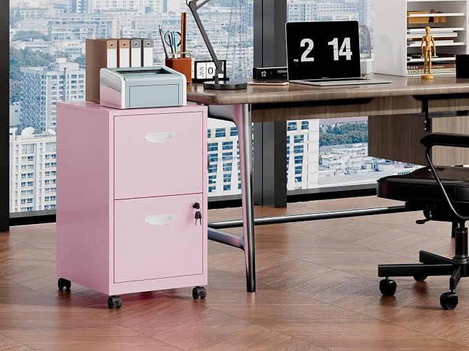 Polup 2 Drawer Rolling File Cabinet with Lock for Home Office | Metal Mobile Filing Cabinet on Wheels, Small Under Desk Storage, Fits Hanging Letter Size, Printer Stand, Pink