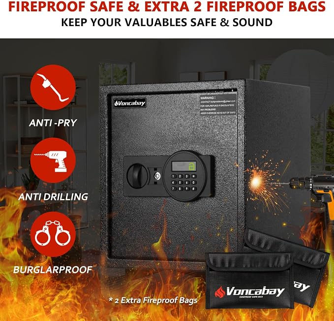 Voncabay Money Safe Box for Home with Digital Keypad, 1.5 Cu. Ft., Black | Alloy Steel, 2 Fireproof Bags, Digital Keypad with Display, Removable Shelf, Alarm System, 14 x 13 x 13 In.