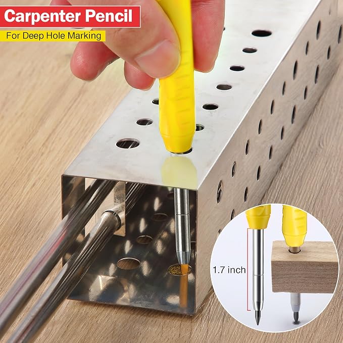 Hiboom 2 Pack Mechanical Deep Hole Carpenter Pencil, 14 Refills | Deep Hole Marker, Long Reach Tip, Built-in Sharpener, Wood, Metal, Concrete, Construction, Woodworking, Architect