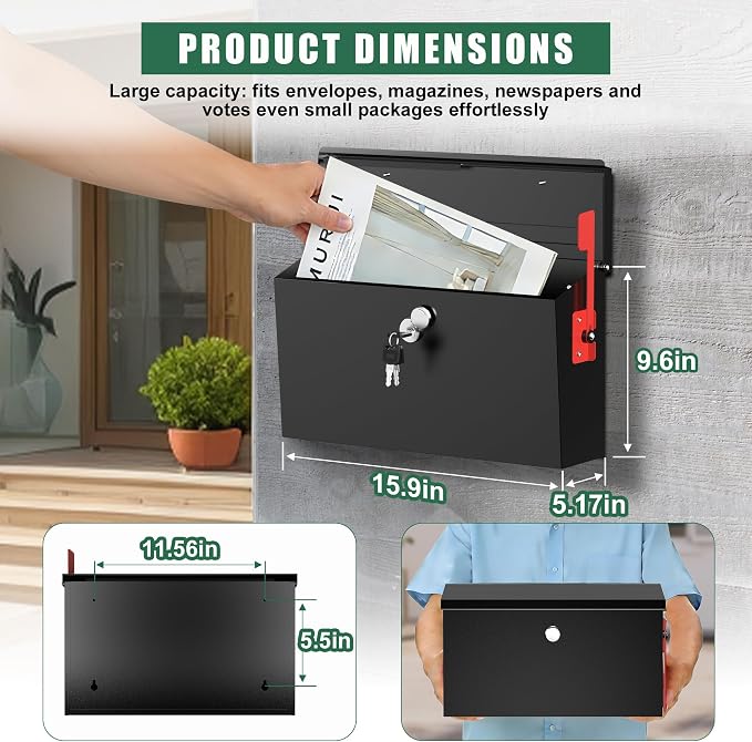 Large Wall Mount Mailbox for Outside with Flag, 15.9''x9.6''x5.2'' Locking Mailbox Wall Mounted, Galvanized Steel Rustproof Metal Mailbox, Modern Mail Box for House Outside, Black
