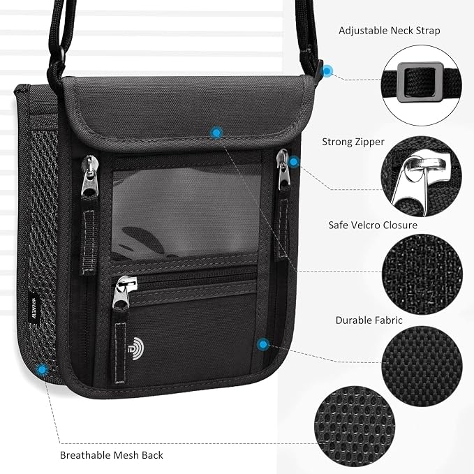 WALNEW Passport Holder Neck Pouch Travel Wallet for Women and Men, RFID Blocking Security Slim Traveling Wallet with Around Neck Lanyard Strap, Black | Around Neck Lanyard Strap, Travel Safety Anti Theft Bag, Neck Wallet for Traveling Women Men