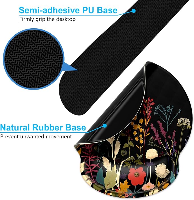 Dapesuom Keyboard Wrist Rest and Mouse Pad with Wrist Support, Cute Memory Foam Cushion for Keyboard and Mouse Set, Desktop Pad Rests with Non Slip Base for Easy Typing & Pain Relief, Floral Cartoon