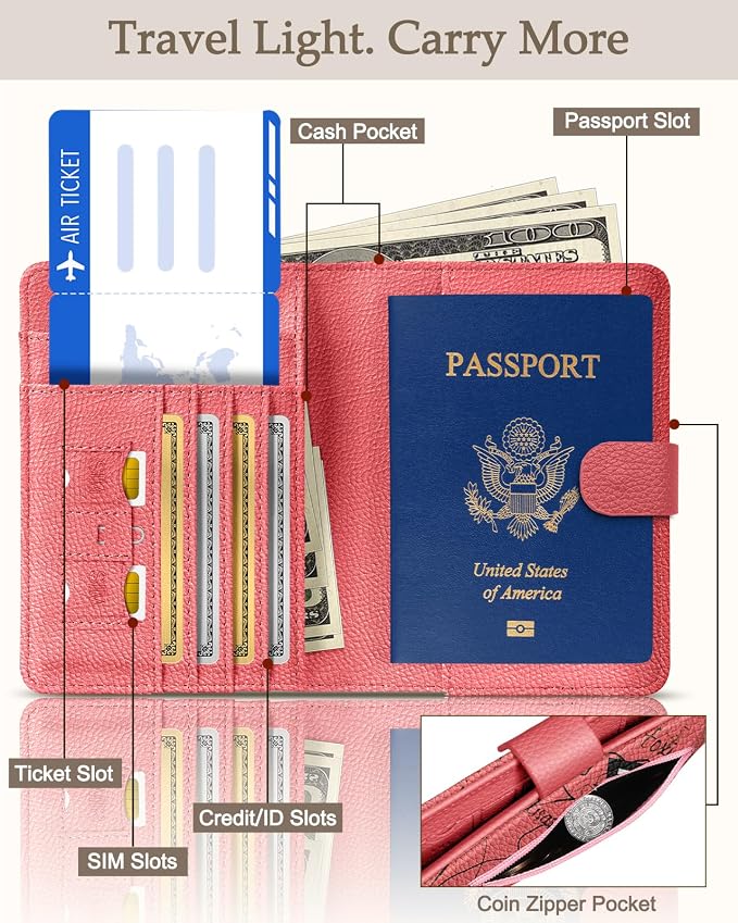 Slohif Airtag Passport Holder Cover Wallet Case for Travel Women - Leather RFID Blocking Passport Book Multiple Personalized Organizer Slim Portable Carrier Card Slots Protector Sleeve Stamp