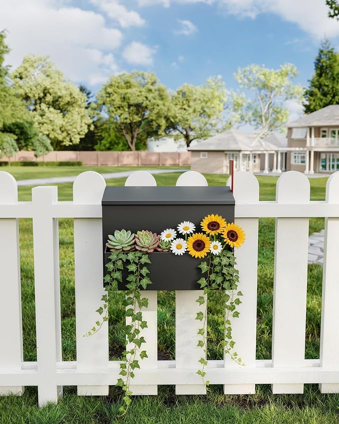 Wall-Mount Mailbox for Outside, Large Capacity Rust-Proof Mail Box with Planter & Red Flag Kit, Galvanized Steel Weather-Resistant Post Box for House Outside, 14.2"x8.2"x10.6", Black