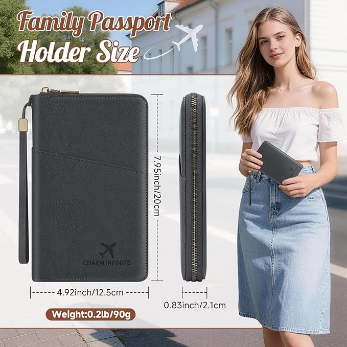 Likesing Family Passport Holder for 4, RFID Multiple Passport Holder-Grey | Leather RFID Blocking Travel Passport Wallet with Zipper, Travel Document Organizer with Wrist Strap Card Slots for Women Men